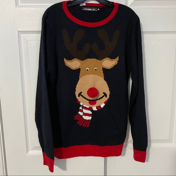 RED POM POM NOSE REINDEER XMAS SWEATER - Picture 2 of 8